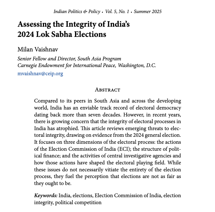 MilanV's tweet photo. Apropos of the Bihar SIR/electoral roll controversy, here's my new article on the performance of India's apex election machinery, published in a special issue of "Indian Politics &amp; Policy" (curated by @NeelanjanSircar @rahul_tverma)  https://t.co/8yRb6neeAl https://t.co/0E6b6ZN3oq