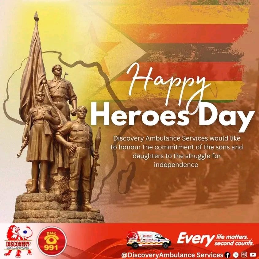 Today, we pause to remember and honour the brave sons and daughters who gave their all for our freedom.

Your sacrifices will forever inspire generations.

Happy Heroes Day Zimbabwe🇿🇼

📞Toll Free Number: 991
🚑Every Life Matters. Every Second Counts.