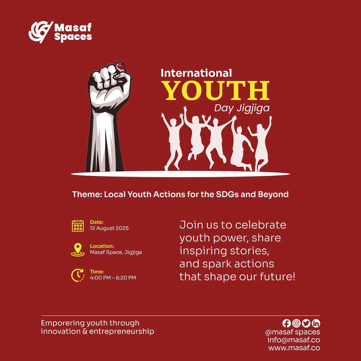 MasafDev's tweet image. International Youth Day – Jigjiga 2025!

Join Masaf Spaces to celebrate youth power &amp;amp; creativity under the theme “Local Youth Actions for the SDGs and Beyond.”

🗓️ 12 Aug | ⏰ 4–6 PM | 📍 Masaf Hall

Let’s unite, share ideas, &amp;amp; build a better future!

#MasafSpaces #IYD2025