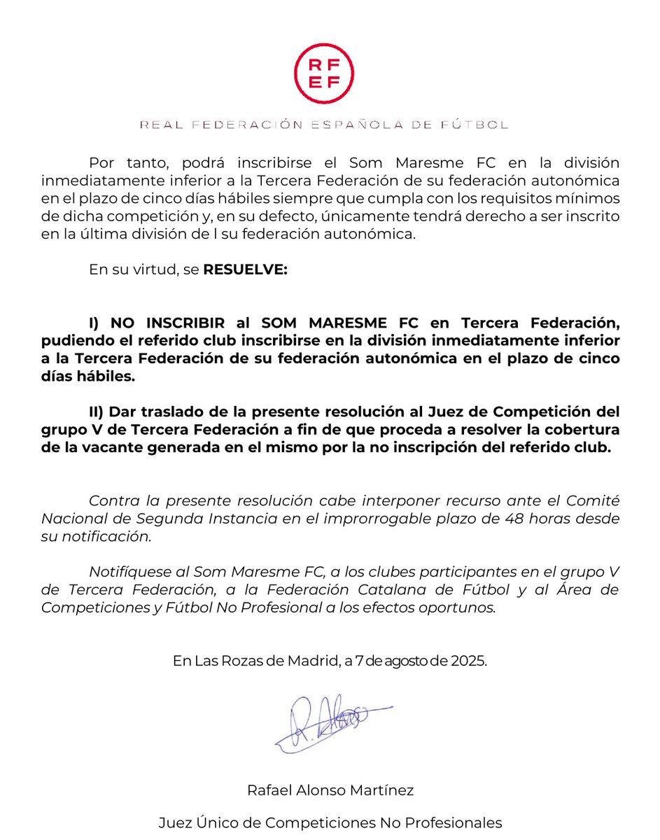 Jorge Abizanda (@jorgeabizanda) on Twitter photo <a href="/LigasRfef/">Ligas RFEF</a> El Juez Único de Competición no admite la inscripción de <a href="/sommaresmefc/">Som Maresme FC</a> en Tercera Federación <a href="/LigasRfef/">Ligas RFEF</a> El Juez Único de Competición no admite la inscripción de <a href="/sommaresmefc/">Som Maresme FC</a> en Tercera Federación