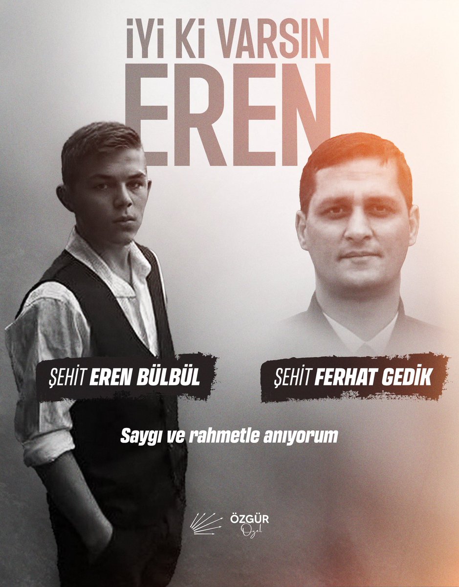 Trabzon’da PKK’lı teröristler tarafından şehit edilen 15 yaşındaki #ErenBülbül’ü ve kahraman Jandarma Astsubay Başçavuşumuz #FerhatGedik’i vefatlarının yıl dönümünde rahmet ve minnetle anıyorum. 

Attığımız her adımda, oturduğumuz her masada; bu ülke için canını feda eden her bir