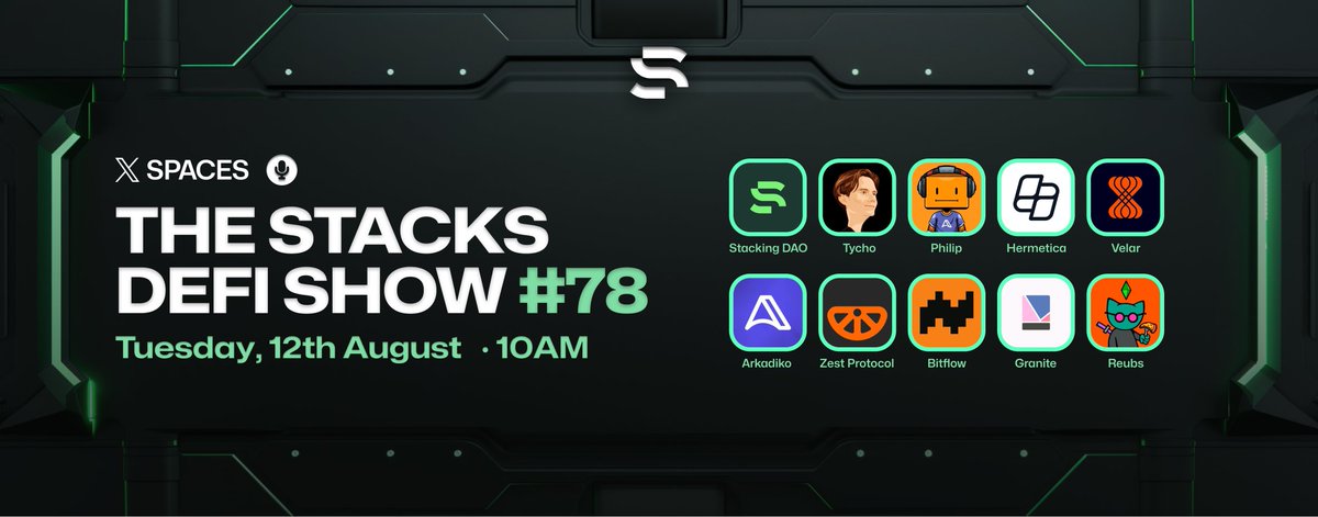 Stacking DAO (@stackingdao) on Twitter photo Don't miss the <a href="/Stacks/">stacks.btc</a> DeFi show tomorrow at 10 AM ET! 📆
The show will feature all the main Stacks DeFi apps, as well as others, sharing news, creating a more open and engaging format.
⏰ Set a reminder so you don’t miss it!
x.com/i/spaces/1mnxe… Don't miss the <a href="/Stacks/">stacks.btc</a> DeFi show tomorrow at 10 AM ET! 📆
The show will feature all the main Stacks DeFi apps, as well as others, sharing news, creating a more open and engaging format.
⏰ Set a reminder so you don’t miss it!
x.com/i/spaces/1mnxe…