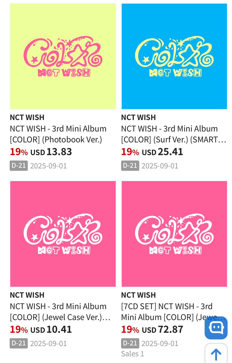[OPEN PO] MINI ALBUM NCT WISH COLOR 

♡ PB Ver (350gr) 228K DP 140K *get limited PC
♡ Jewel Ver (150gr) 155K DP 100K 
♡ SURF Ver (150gr) 320K DP 250K

✔️ ems tax 
✔️ est bersih ina
📌 Last DP 30 August

t. Wts want to sell sion riku yushi jaehee ryo sakuya