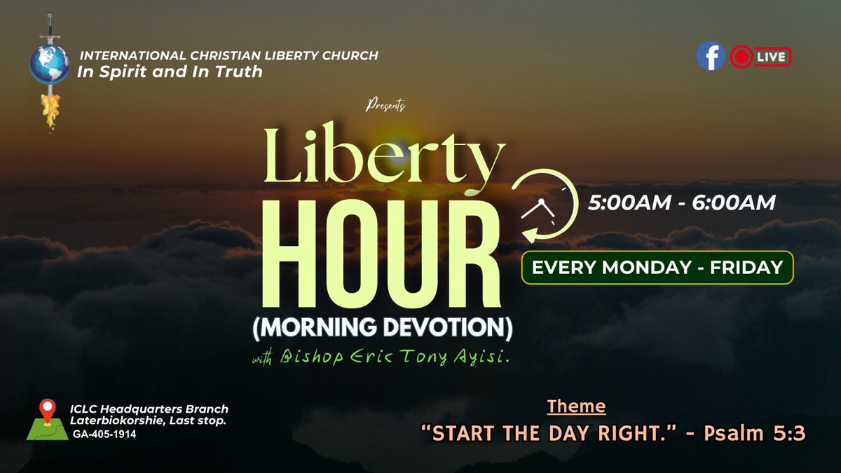 Liberty Hour! Liberty Hour!!
⛅⛅ Start your day right with God through prayer.

💒 Join us in-person or online this and every Monday-Friday from 5am - 6am.

🌐: facebook.com/share/19UUJ6Rf…

#Sharethelink