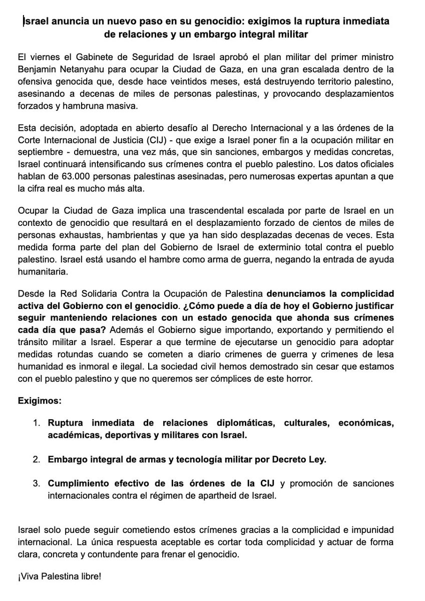 BDS Madrid 🇵🇸 (@bdsmadrid) on Twitter photo Ante la aprobación del plan de Netanyahu para ocupar la ciudad de Gaza,
¿Cómo puede <a href="/desdelamoncloa/">La Moncloa</a> seguir manteniendo relaciones diplomáticas e importar, exportar y permitir el tránsito militar a Israel?
La sociedad civil junto a la RESCOP rescop.bsky.social
⏬ Ante la aprobación del plan de Netanyahu para ocupar la ciudad de Gaza,
¿Cómo puede <a href="/desdelamoncloa/">La Moncloa</a> seguir manteniendo relaciones diplomáticas e importar, exportar y permitir el tránsito militar a Israel?
La sociedad civil junto a la RESCOP rescop.bsky.social
⏬