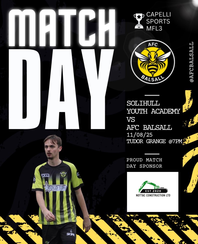 GAMEDAY ⚽️ 

Vs: Solihull Youth Academy 🚘 
Time: Kick off 19:00 ⏰ 
Venue: Tudor Grange, Dingle Lane🏟️ 
Math Day Sponsor: NOTTAC Construction 🤝

Up the Bees 🐝 🐝