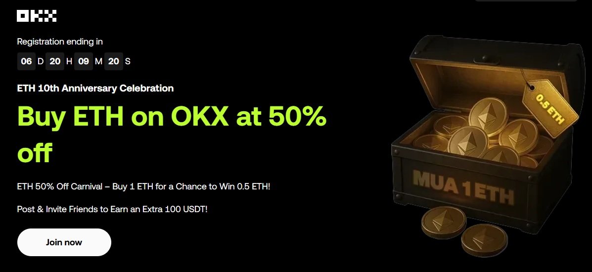 🚀 Buy 1 ETH, Win up to 0.5 ETH! 🎉

<a href="/okx/">OKX</a> is celebrating Ethereum’s 10th anniversary with massive rewards from Aug 8 – Aug 18, 2025 🥳

💎 Offer 1 – Trade &amp; Get Ethereum Chests

- Buy or sell 1 ETH on Spot = 1 Ethereum Chest
- 5% chance to win 0.5 ETH (~$1,800)
- 100% chance to