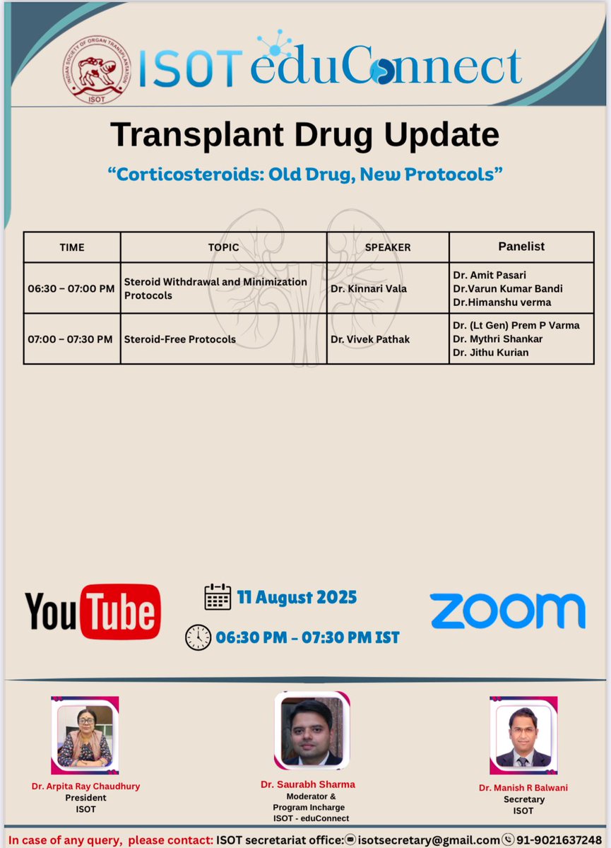 💥Transplant Drug Update #ISOT_eduConnect

🔥Corticosteroids: Old Drug, New Protocols

📅 11-08-2025
🕰️ 06:30 PM IST

🔗 us06web.zoom.us/j/85875298917?…