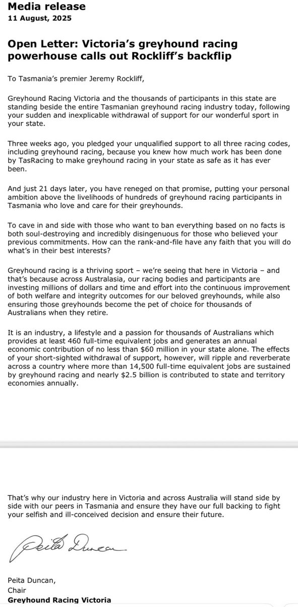 Greyhound Racing Victoria chair has responded to news from Tassie on the future.