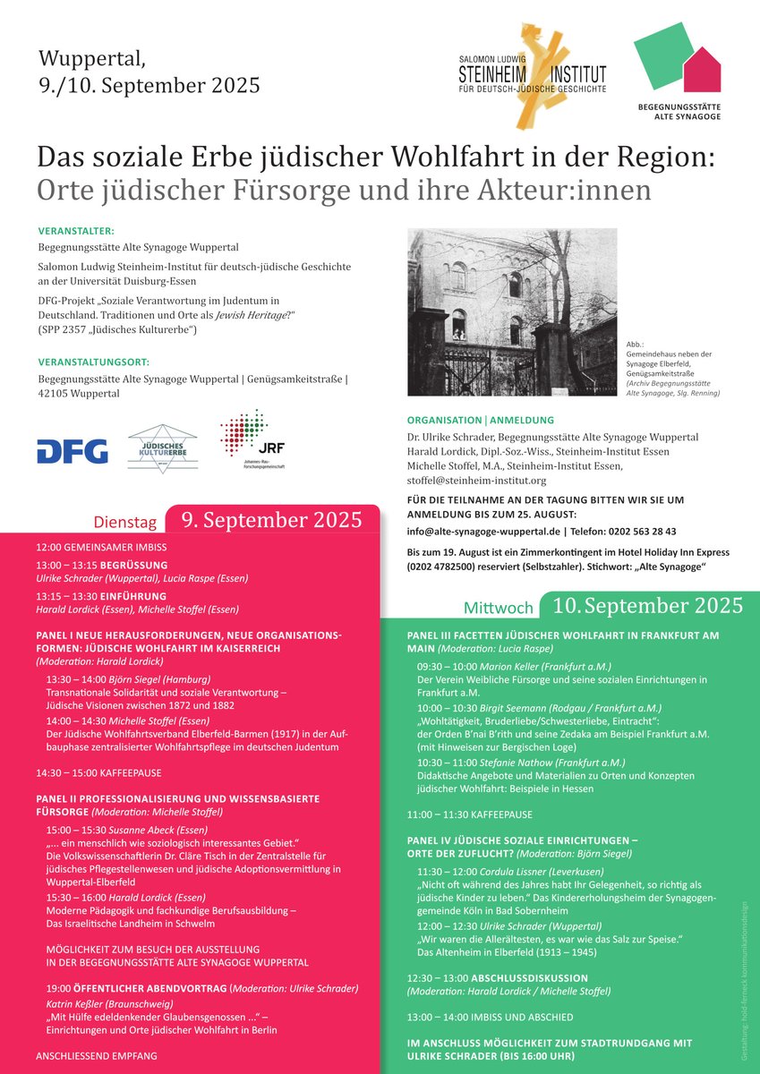 „Das soziale Erbe jüdischer #Wohlfahrt in der Region – Orte jüdischer Fürsorge und ihre Akteur:innen“. Konferenz, #Wuppertal, 9.-10. September 2025. (Steinheim-Institut <a href="/sti_ude/">Steinheim-Institut</a> in Kooperation mit der Begegnungsstätte Alte Synagoge Wuppertal) akjw.hypotheses.org/1471