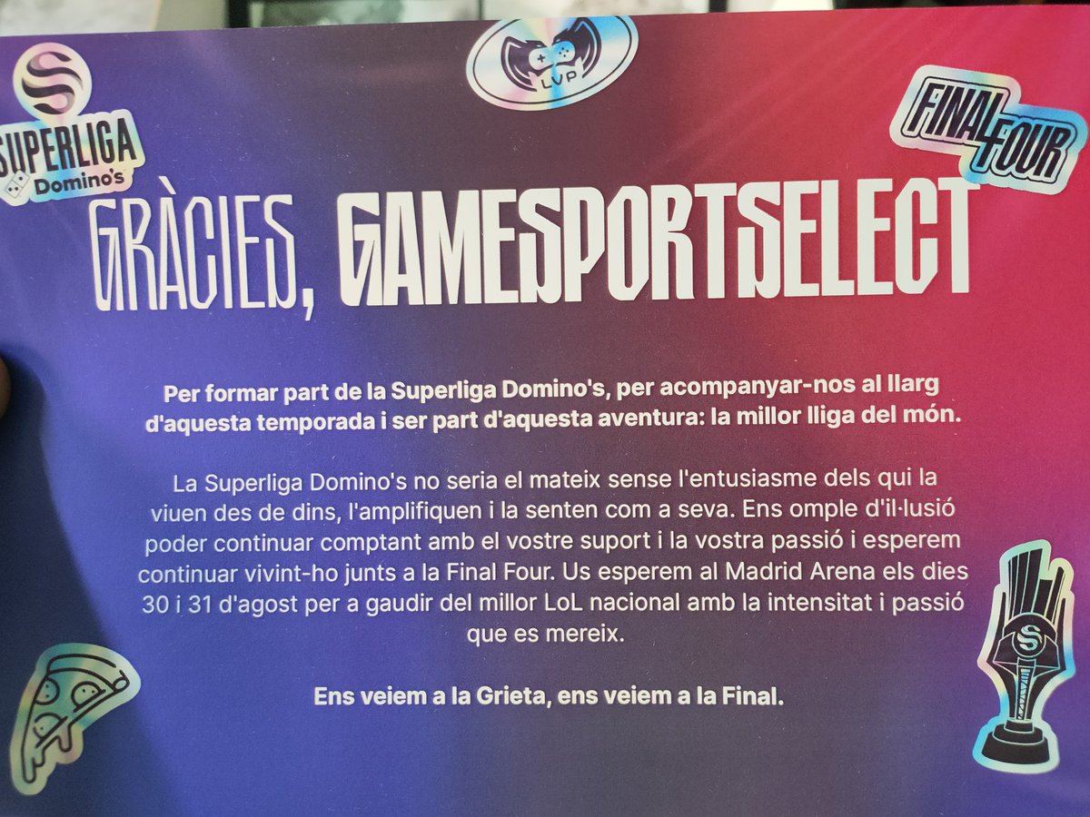 Gràcies <a href="/LVPesLoL/">Superliga Domino's - League of Legends</a> <a href="/LVPes/">LVP</a> per aquest detall i reconèixer les nostres retransmissions en català de <a href="/lol_es/">League of Legends ES</a> aquest any 2025 !

Un detallàs fer la carta en català!

A per totes aquest final d'any!

P.d.: la <a href="/dominos/">Domino's Pizza</a> pizza ja ens l'hem menjat, algun codi més que sobri?