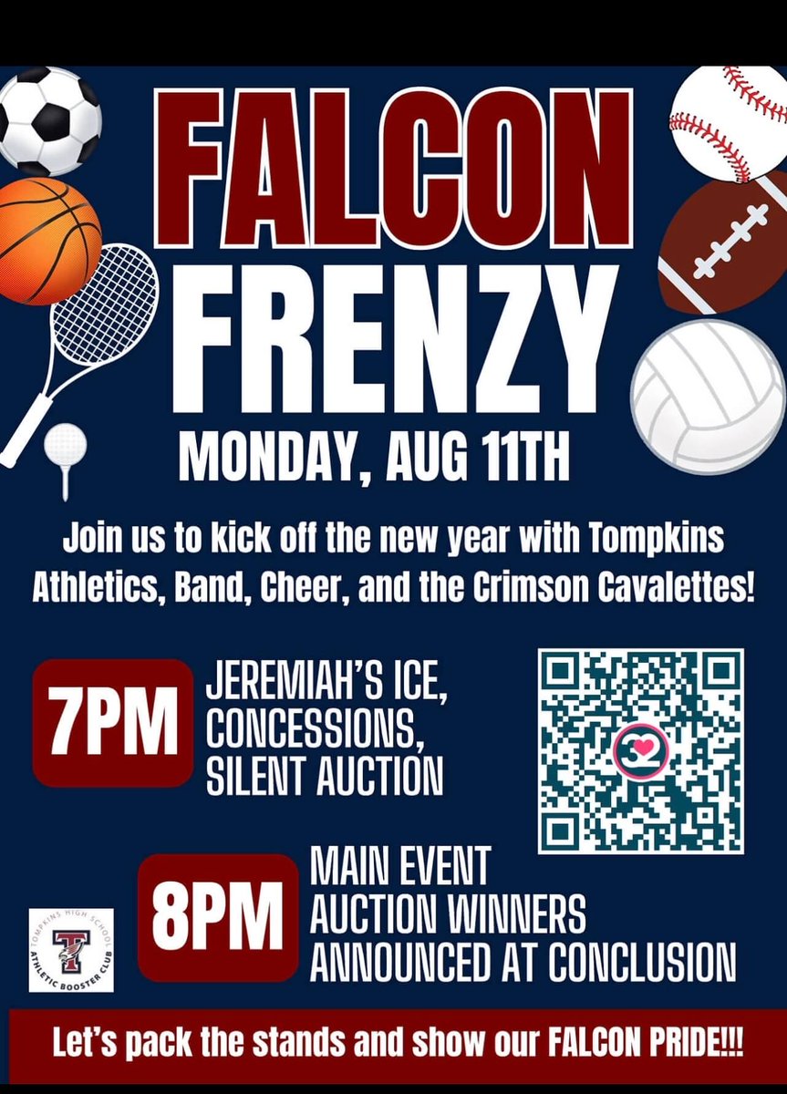 Don't miss FALCON FRENZY! This evening please join us to kick off the new school year with Tompkins Athletics, Band, Cheer, and the Crimson Cavalettes!! We will also have Jeremiah's Ice, concessions and a silent auction! Tompkins ABC Auction is STILL LIVE! 32auctions.com/2025FalconFren…