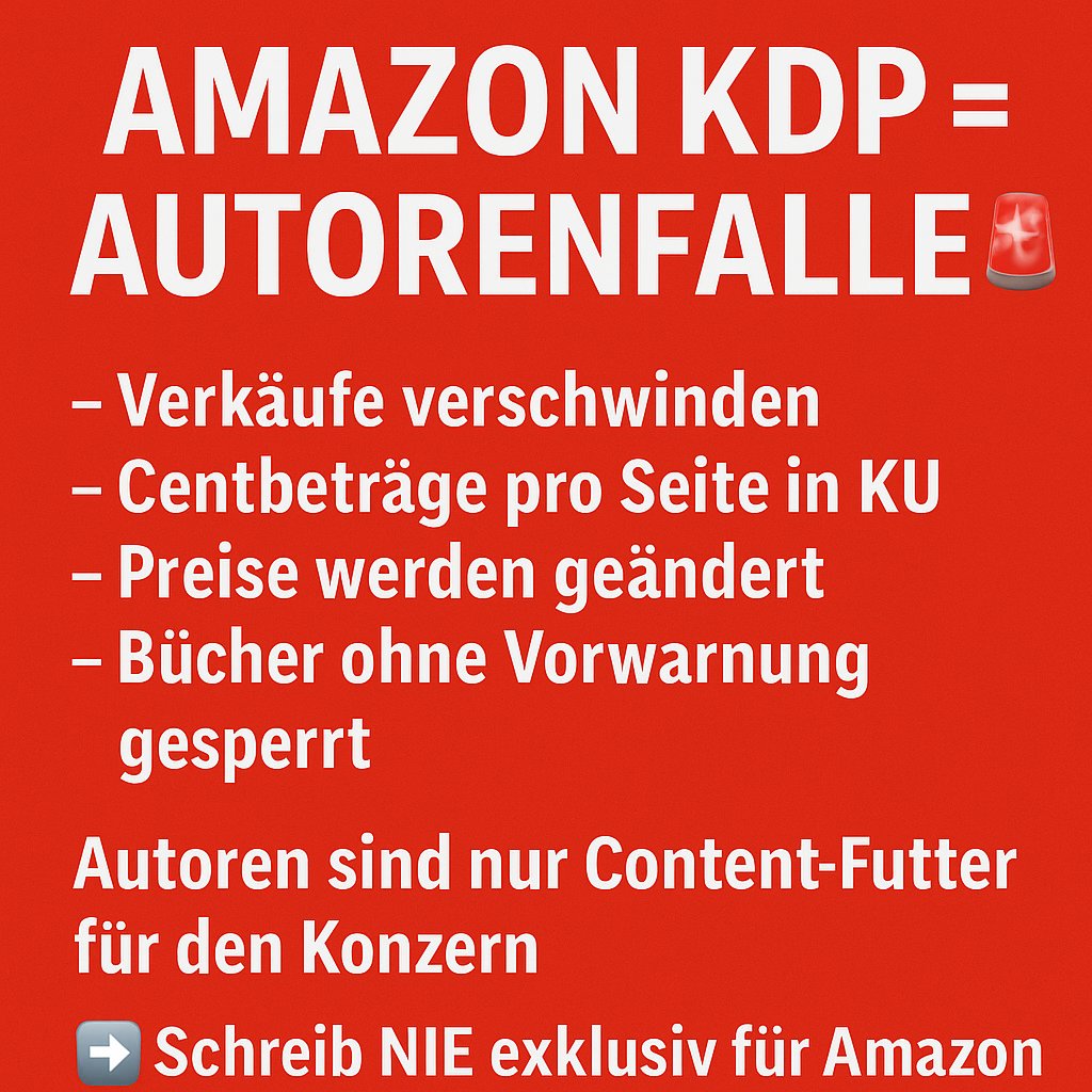 Amazon KDP = Autorenfalle 🚨

– Verkäufe verschwinden
– Centbeträge pro Seite in KU
– Preise werden geändert
– Bücher ohne Vorwarnung gesperrt
Autoren sind nur Content-Futter für den Konzern.
➡️ Schreib NIE exklusiv für Amazon.
#KDP #Amazon #SelfPublishing #Autorenleben