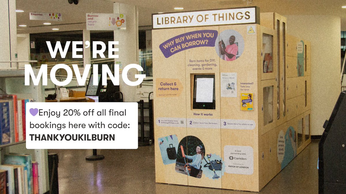 CamdenCouncil's tweet photo. Library of Things is moving from Kilburn to Swiss Cottage Library this September.

You can get 20% off final bookings with the code THANKYOUKILBURN. All items must be return by Friday 22 August.
https://t.co/sgzGRxCG7j

@libraryofthings https://t.co/YA6XHCDeEy