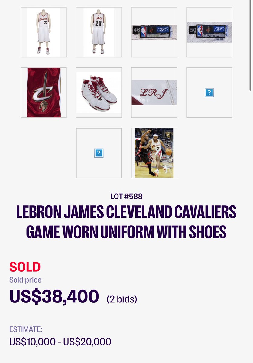 Impressive early career LeBron James jersey <a href="/Heritage_Sport/">Heritage Auctions Sports</a> that has already exceeded the $80,000 estimate.

Current bid is $91,500.

The jersey is dated on the tag and was photomatched to multiple games.

This uniform last sold at Julien’s some years back for $38,400.

The
