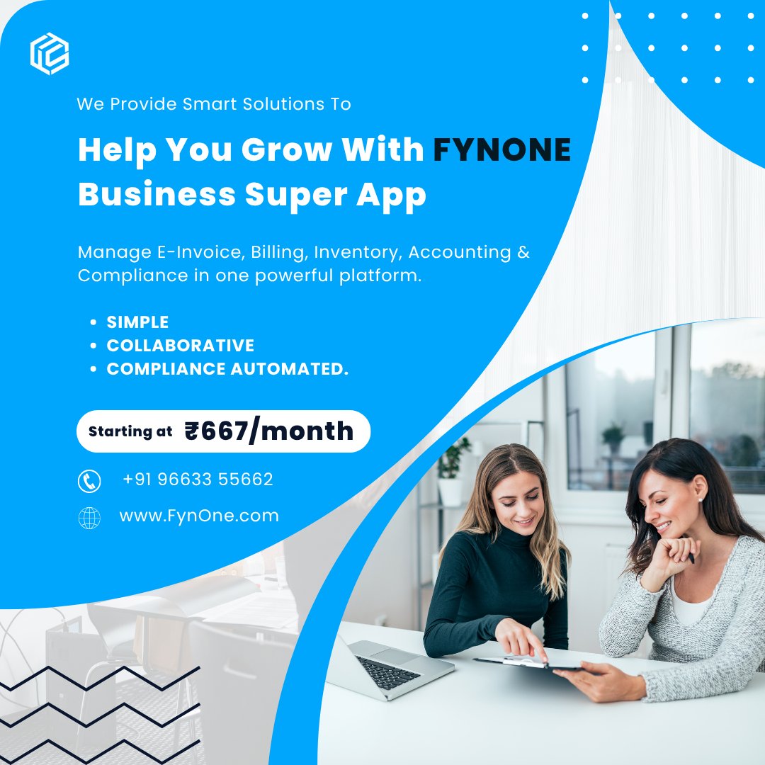 Fynone_official's tweet photo. Grow Without Limits!
With FynOne – Business Super App, manage E-Invoice, Billing, Inventory, Accounting &amp; Compliance—all in one place.
✅ Unlimited users
✅ Unlimited transactions
✅ Real-time compliance

💼 Simple. Collaborative. Powerful.
📲 Start today for just ₹667/month! https://t.co/3x2mKLTMuf