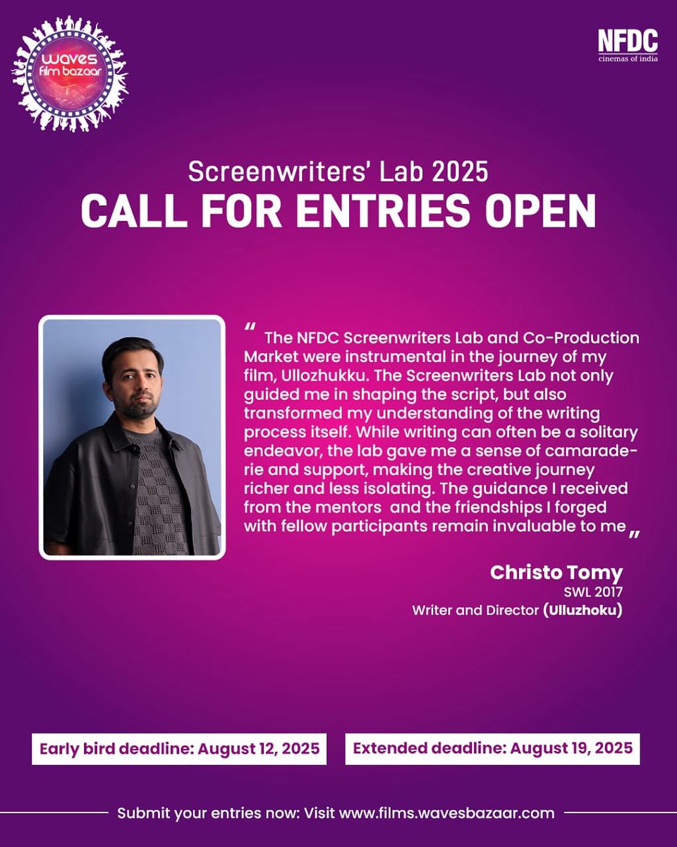 nfdcindia's tweet photo. From Script to Screen ✍️
Christo Tomy’s Ullozhuku began its journey at NFDC Film Bazaar — nurtured in the Screenwriters’ Lab 2017 and showcased in the Co-Production Market 2018.
Apply now at https://t.co/ERUSJb5aZb
#ScreenwritersLab @christotomy https://t.co/HnLFzoBwkg