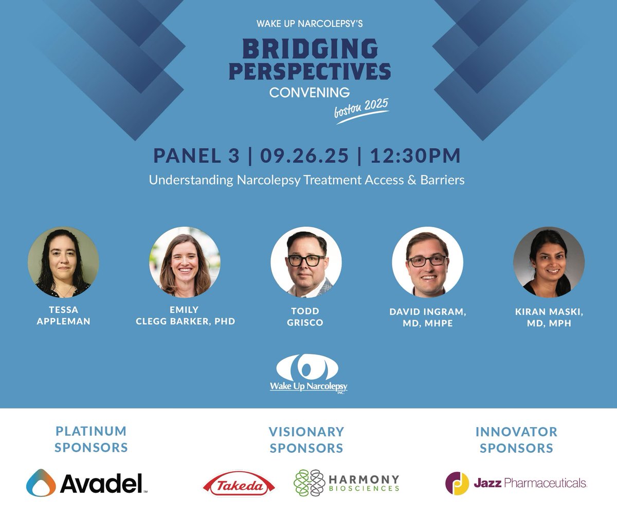Wake Up Narcolepsy (@wakenarcolepsy) on Twitter photo Check out our third #BridgingPerspectives Convening panel: Understanding Narcolepsy Treatment Access & Barriers🌟
Learn more & register for the #Boston event: onecau.se/wunbridgingper…
Sponsors: <a href="/AvadelPharma/">Avadel Pharmaceuticals</a> <a href="/TakedaPharma/">Takeda</a> <a href="/HarmonyBio/">Harmony Biosciences</a> <a href="/JazzPharma/">Jazz Pharmaceuticals</a> <a href="/Alkermes/">Alkermes</a> <a href="/axsome/">Axsome Therapeutics</a> <a href="/centessa/">Centessa Pharmaceuticals</a> Check out our third #BridgingPerspectives Convening panel: Understanding Narcolepsy Treatment Access & Barriers🌟
Learn more & register for the #Boston event: onecau.se/wunbridgingper…
Sponsors: <a href="/AvadelPharma/">Avadel Pharmaceuticals</a> <a href="/TakedaPharma/">Takeda</a> <a href="/HarmonyBio/">Harmony Biosciences</a> <a href="/JazzPharma/">Jazz Pharmaceuticals</a> <a href="/Alkermes/">Alkermes</a> <a href="/axsome/">Axsome Therapeutics</a> <a href="/centessa/">Centessa Pharmaceuticals</a>
