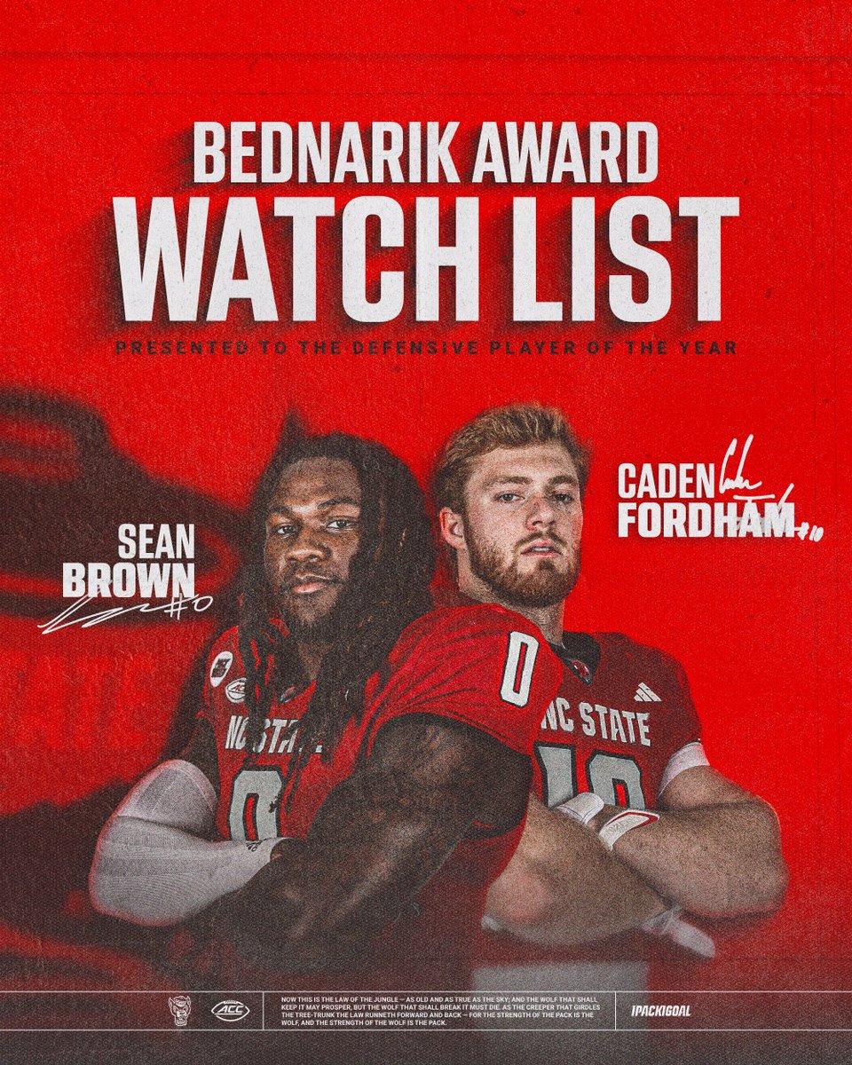 NC State Football (@packfootball) on Twitter photo Defensive Anchors.
LB duo of <a href="/greatnvess/">Sean Brown ☥ ₀</a> and <a href="/Caden_Fordham/">Caden Fordham</a> placed on the Chuck Bednarik Award Preseason Watch List. Presented annually to the most outstanding defensive player in college football.
📰: tinyurl.com/25tvt6el Defensive Anchors.
LB duo of <a href="/greatnvess/">Sean Brown ☥ ₀</a> and <a href="/Caden_Fordham/">Caden Fordham</a> placed on the Chuck Bednarik Award Preseason Watch List. Presented annually to the most outstanding defensive player in college football.
📰: tinyurl.com/25tvt6el