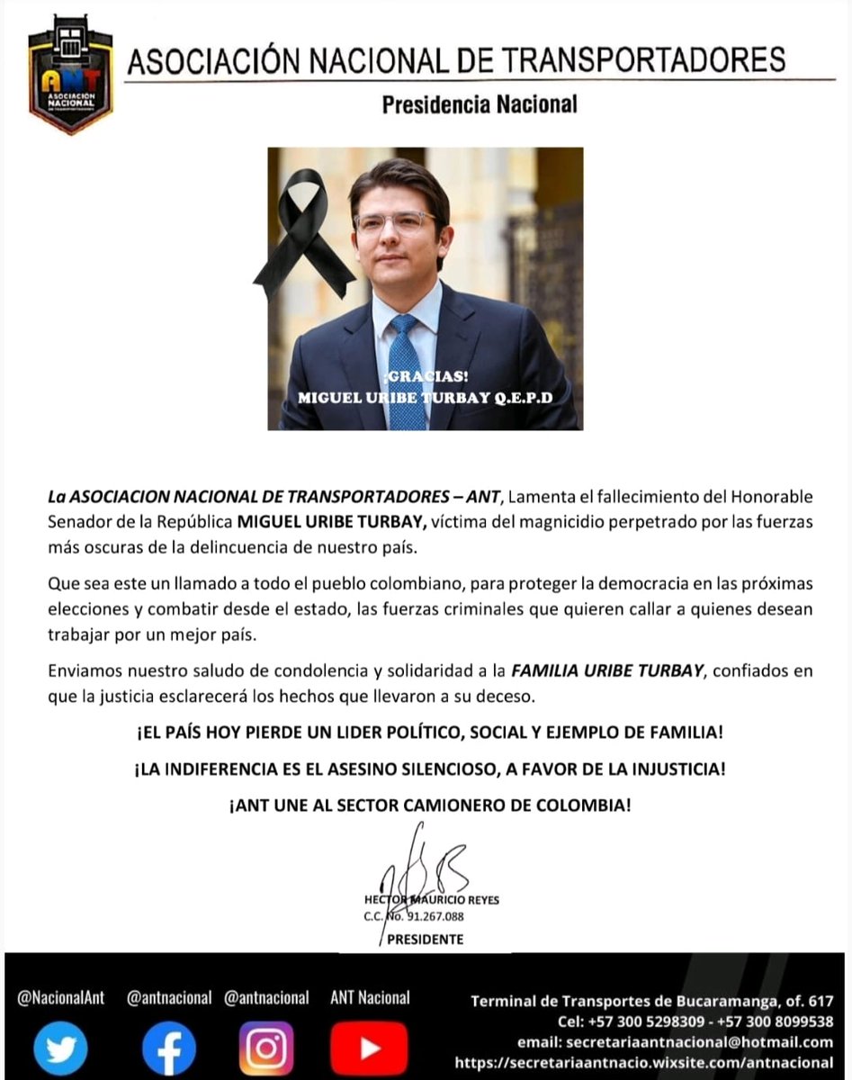 <a href="/NacionalAnt/">ANT OFICIAL</a> lamenta el fallecimiento del Senador  MIGUEL URIBE TURBAY. Enviamos nuestro saludo de condolencia y solidaridad a la FAMILIA URIBE TURBAY, .¡LA INDIFERENCIA ES EL ASESINO SILENCIOSO, A FAVOR DE LA INJUSTICIA! #Nomasviolencia #antnosune