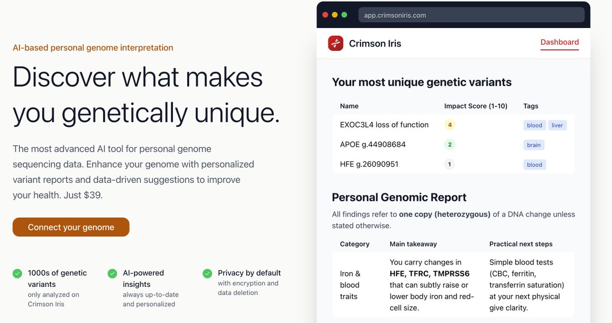 New project! 

There's now a steady stream of discoveries of rare, high-impact genetic variants coming from resources like the UK Biobank and AllOfUs. 

I was frustrated I couldn't cross-reference my own genome with these discoveries, so I build a tool to do it

I've now made