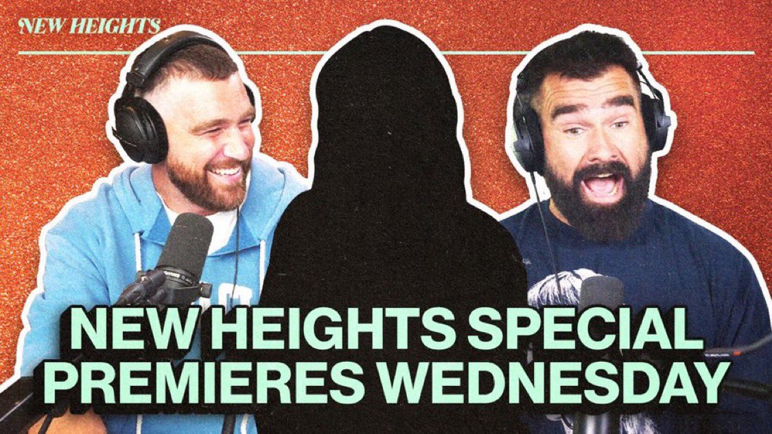 Fans are speculating that Taylor Swift will be the special guest on the New Heights podcast, set to release this Wednesday, August 13th. 

This speculation is fueled by the glittery orange-themed teaser background and Jason wearing Taylor Swift merch!