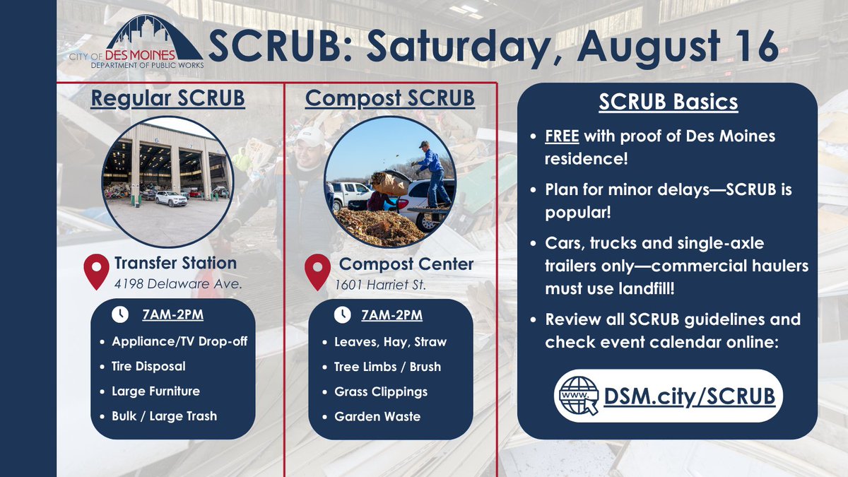 Clear out the clutter this Saturday, 8/16! 🛋️🚛

• Big trash? Head to the Transfer Station (4198 Delaware Ave).
• Extra yard waste? Drop it at the Compost Center (1601 Harriet St).
