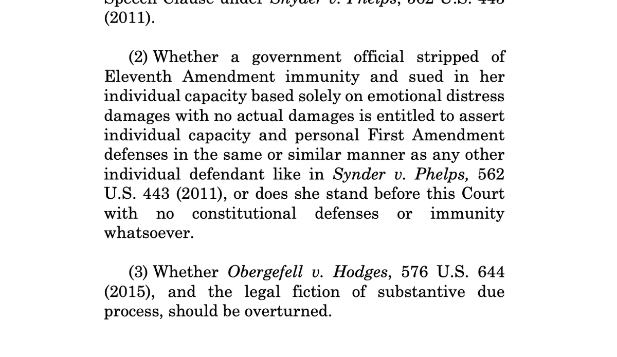 Kim Davis, the clerk who refused to issue marriage licenses to gay couples, has asked the SC, in a cert petition, to overturn Obergefell, the decision extending marriage rights to same-sex couples. 
My prediction - the SC either won't take the case or will not rule on Obergefell.