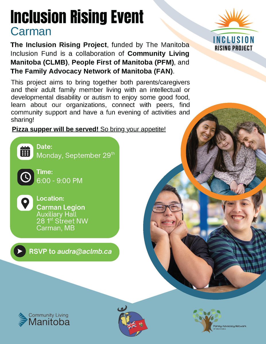 Cerebral Palsy MB (@cerebralpalsymb) on Twitter photo Inclusion Rising Event in Carman: Monday, September 29th, 6-9pm, Carman Legion, Auxiliary Hall, 28 1st St NW, Carman, MB RSVP to audra@aclmb.ca Project aims:
learn about orgs, connect with peers, find community support and have a fun evening of activities and sharing! #CPProud Inclusion Rising Event in Carman: Monday, September 29th, 6-9pm, Carman Legion, Auxiliary Hall, 28 1st St NW, Carman, MB RSVP to audra@aclmb.ca Project aims:
learn about orgs, connect with peers, find community support and have a fun evening of activities and sharing! #CPProud