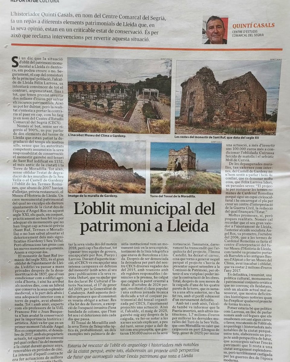 Avui s Segre: una queixa per l’oblit municipal del patrimoni a Lleida!