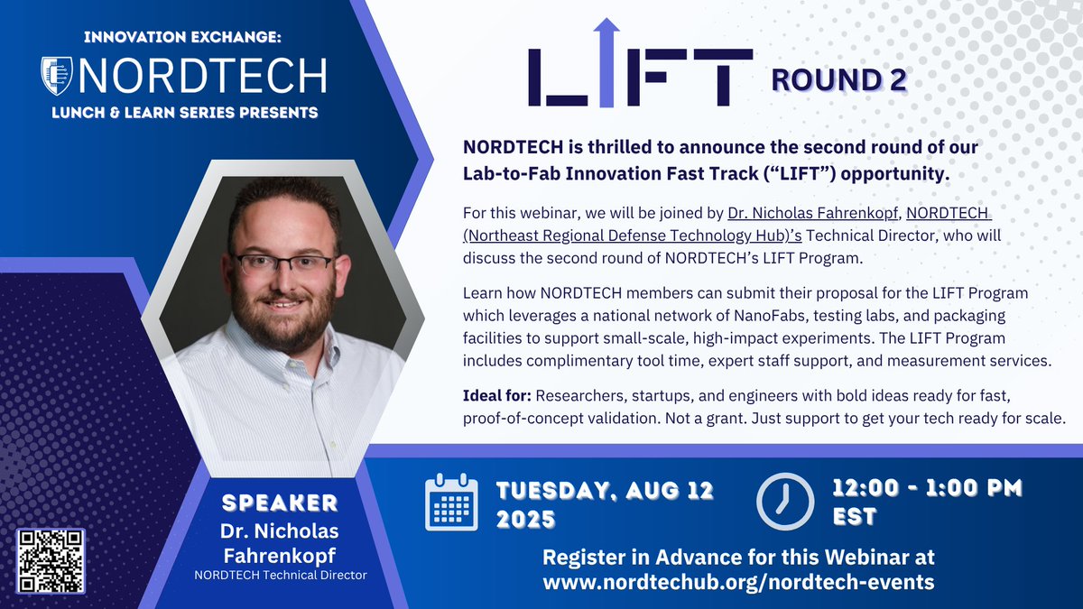 Northeast Regional Defense Technology Hub (@nordtechub) on Twitter photo 🚨 Register for tomorrow’s LIFT Round 2 Webinar!
What could you achieve with access to <a href="/NORDTECHub/">Northeast Regional Defense Technology Hub</a>’s facilities? Join Dr. Nicholas Fahrenkopf to discover how the LIFT Program can take you from concept to scale.
🗓️ Aug 12 | 12–1 PM EST
✅ Register: nordtechhub.org/nordtech-events 🚨 Register for tomorrow’s LIFT Round 2 Webinar!
What could you achieve with access to <a href="/NORDTECHub/">Northeast Regional Defense Technology Hub</a>’s facilities? Join Dr. Nicholas Fahrenkopf to discover how the LIFT Program can take you from concept to scale.
🗓️ Aug 12 | 12–1 PM EST
✅ Register: nordtechhub.org/nordtech-events