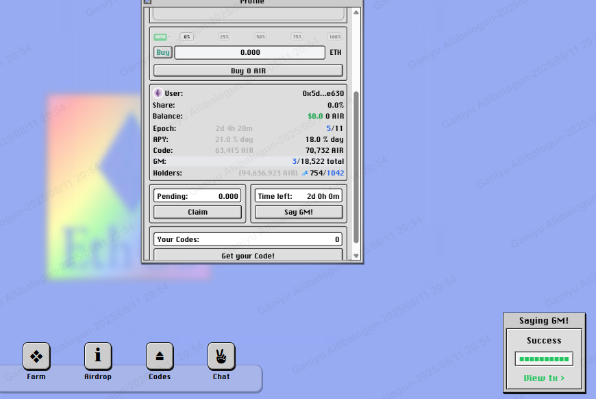 i have been saying GM. please grant me code <a href="/Ethereum_OS/">Eth OS</a> to claim $AIR