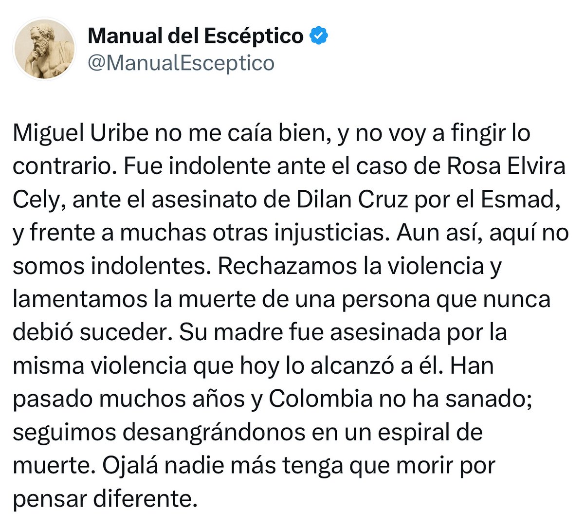 JuanCabaIlero's tweet image. Iba a escribir algo que representara mi sentir sobre el fallecimiento de Miguel Uribe Turbay, pero encuentro con que alguién lo hizo muy bien; lo replico.

#MiguelUribe #quiéndiolaorden Fundación Santa Fe de Bogotá #FelizLunes