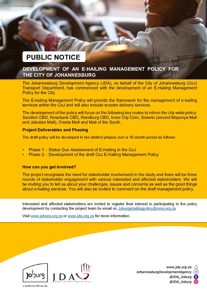 JOBURG TRANSPORT: The City of Joburg has begun developing an E-Hailing Management Policy to guide how e-hailing and scooter delivery services (like Uber, Bolt, Uber Eats, Mr D &amp; more) operate in the city.

🗣️ We want to hear from YOU – residents, drivers, passengers, and