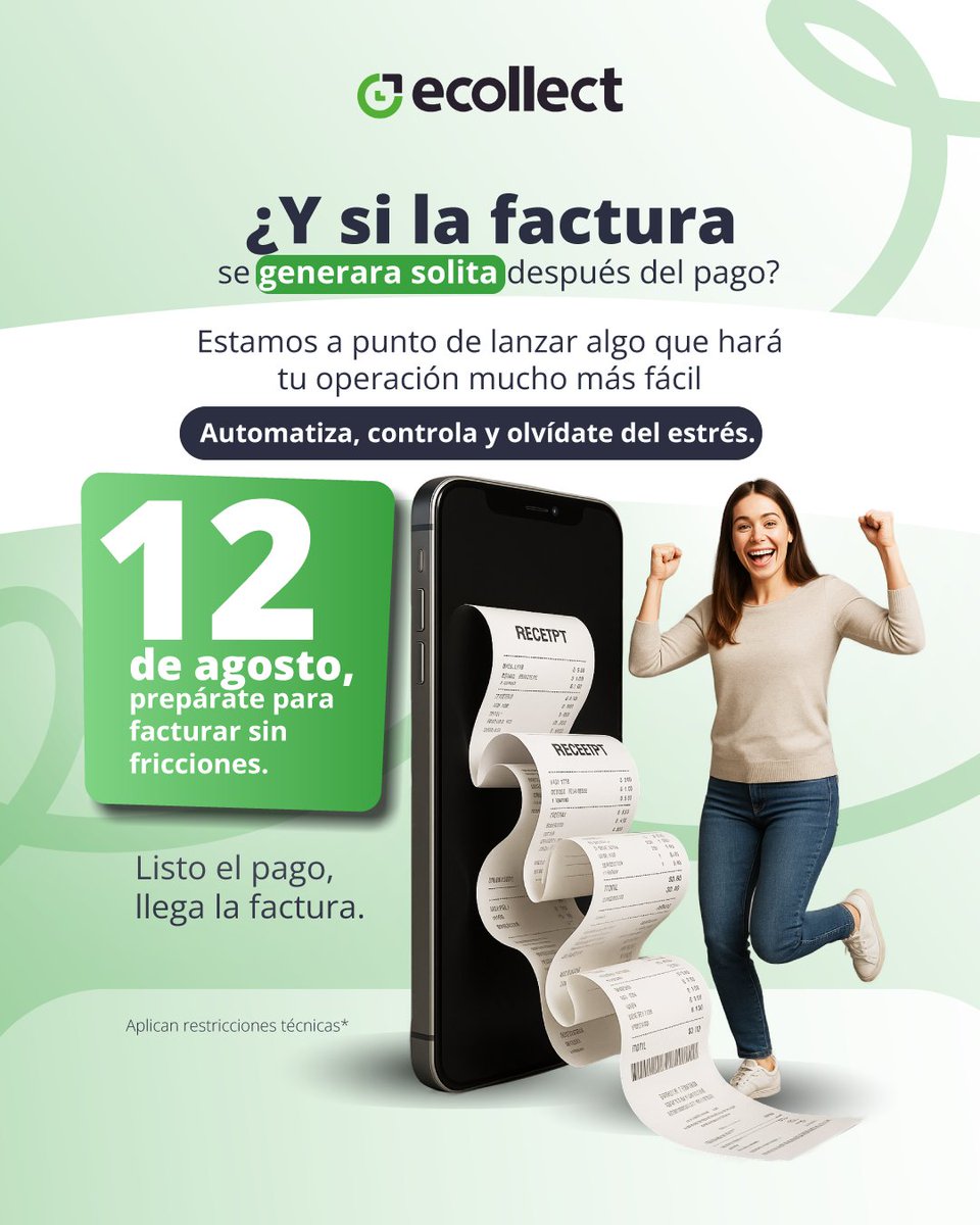 ecollect_'s tweet photo. Prepárate para facturar de forma fácil, rápida y automática. 💡

Listo el pago, llega la factura. 😎

#FacturaAutomática #TransformaciónDigital #ecollect #PagosSinComplicaciones #AutomatizaciónFinanciera https://t.co/dMSC5XcdYf