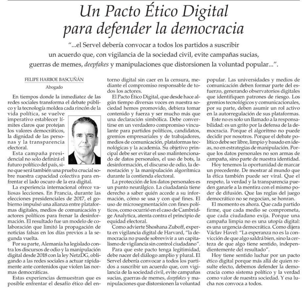 javiera parada (@javiparada) on Twitter photo Un Pacto Ético Digital para defender la democracia, por <a href="/felipeharboe/">Felipe Harboe B</a>. “El <a href="/ServelChile/">Servicio Electoral</a> debería convocar a todos los partidos a suscribir un acuerdo que, con vigilancia de la sociedad civil, evite campañas sucias... deepfakes y manipulaciones que distorsionen la voluntad popular” Un Pacto Ético Digital para defender la democracia, por <a href="/felipeharboe/">Felipe Harboe B</a>. “El <a href="/ServelChile/">Servicio Electoral</a> debería convocar a todos los partidos a suscribir un acuerdo que, con vigilancia de la sociedad civil, evite campañas sucias... deepfakes y manipulaciones que distorsionen la voluntad popular”