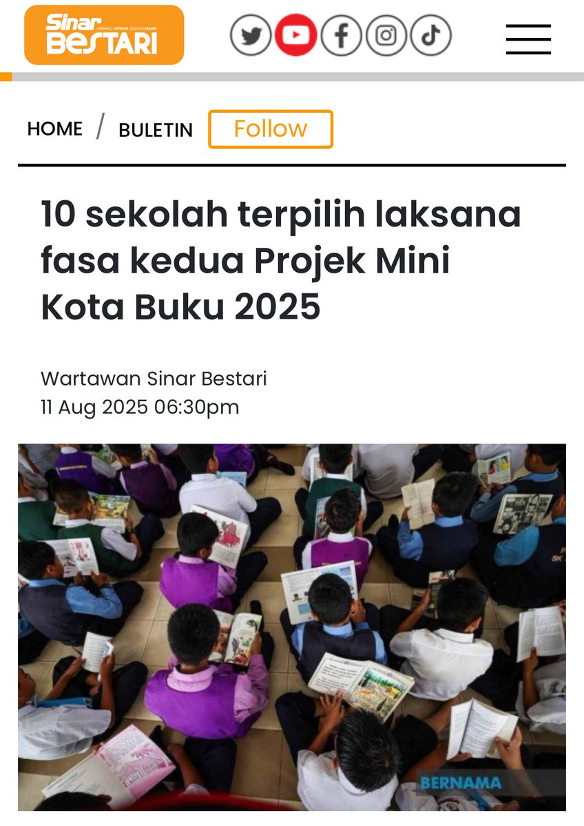 Antara liputan media mengenai keputusan 10 sekolah yang terpilih bagi pelaksanaan Projek Mini Kota Buku 2025.