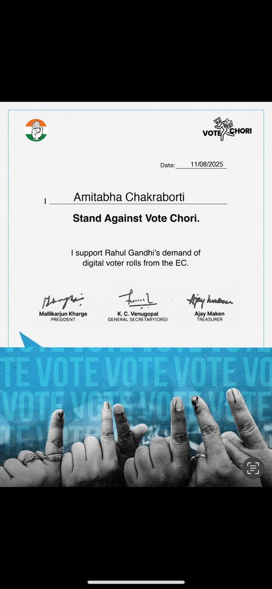 AmitabhaINC's tweet photo. #VoteChori To protect constitution, to protect basic fabric of the country, to protect idea of India…The war against  ⁦@ECISVEEP⁩ will continue. 

The voice of ⁦@RahulGandhi⁩ will percolate to the each and every booth of the country. Need our strong involvement. https://t.co/3l8bnLiI4N