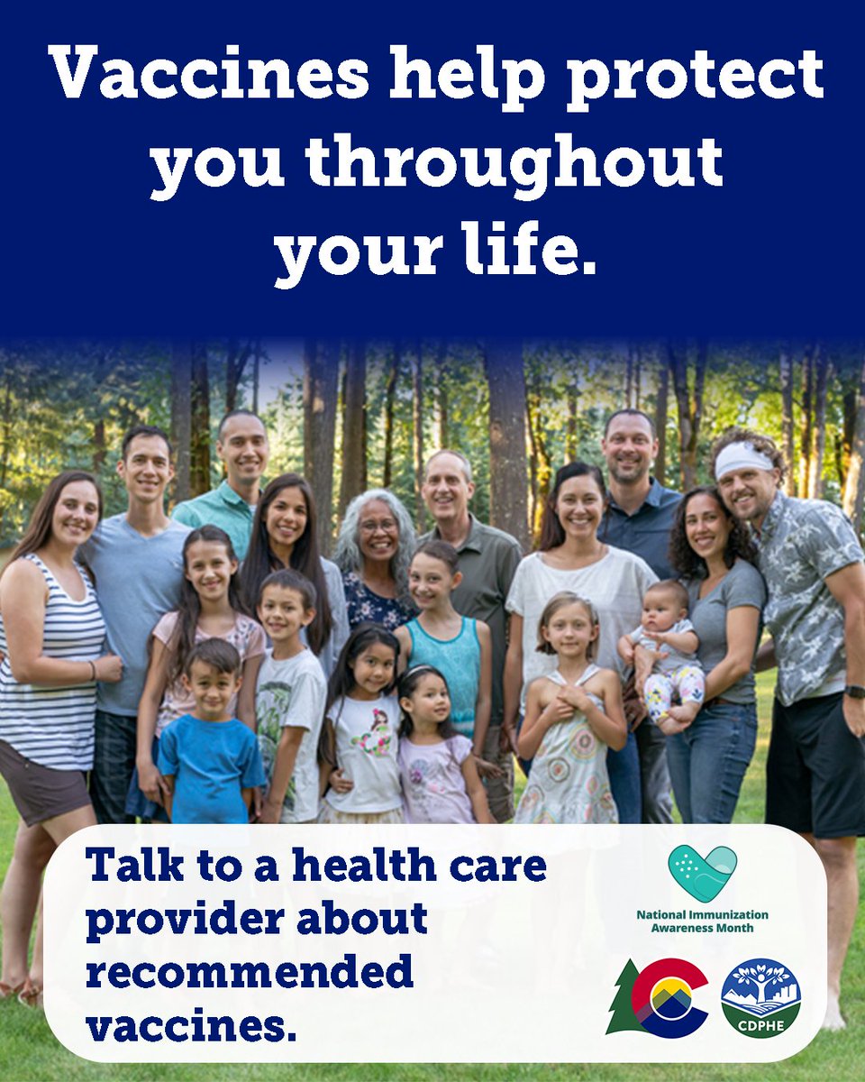 August is National Immunization Awareness Month, a great reminder
that staying current with vaccines is crucial for good health at every age. Let’s work together to build a healthier Colorado! #NIAM2025

cdphe.colorado.gov/immunizations/…