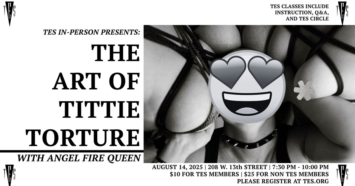 The Art of Tittie Torture is here. 🔥 Join Angel this Thursday, August 14th at 7 PM for a dynamic class on the full spectrum of breast worship. We'll explore techniques for every desired outcome, all while emphasizing consent and safety. All bodies and genders welcome! 😈