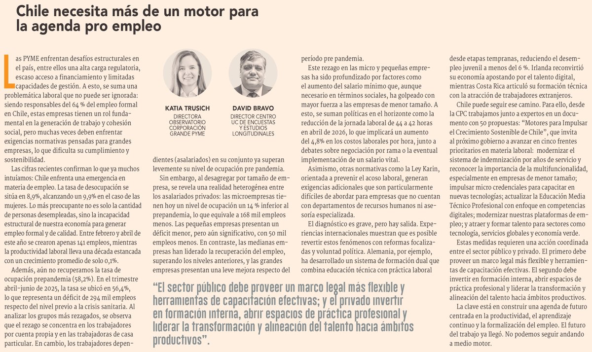 Diario Financiero (@dfinanciero) on Twitter photo 💬 #OpiniónDF | Columna: Chile necesita más de un motor para la agenda pro empleo
✍🏻 Katia Trusich, directora del Observatorio Corporación Grande Pyme; y <a href="/dbravo_UC/">David Bravo</a>, director del Centro UC de Encuestas y Estudios Longitudinales
df.cl/opinion/column… 💬 #OpiniónDF | Columna: Chile necesita más de un motor para la agenda pro empleo
✍🏻 Katia Trusich, directora del Observatorio Corporación Grande Pyme; y <a href="/dbravo_UC/">David Bravo</a>, director del Centro UC de Encuestas y Estudios Longitudinales
df.cl/opinion/column…