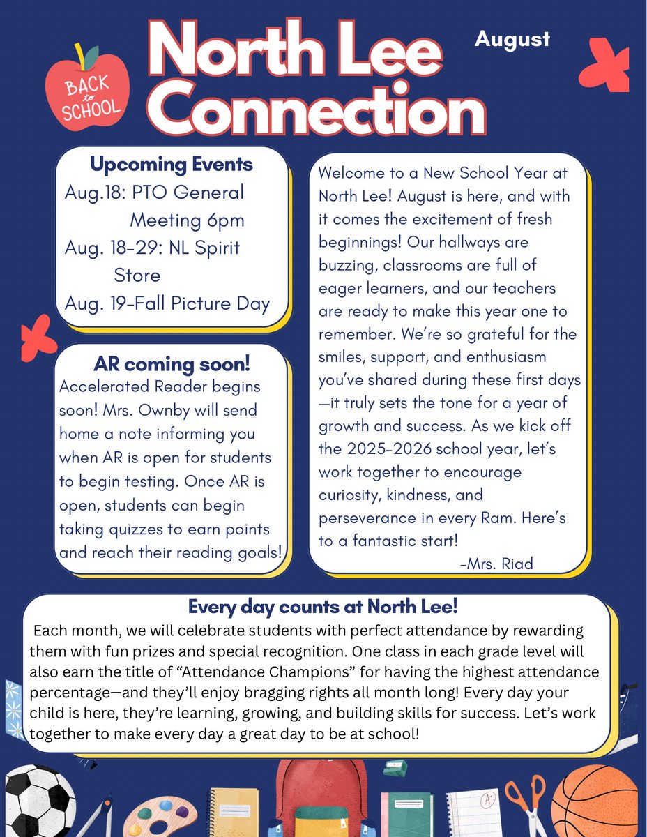 Our August edition of the North Lee Connection is here! 📬 Check it out for upcoming events, important updates, and ways we’re kicking off a great school year together.