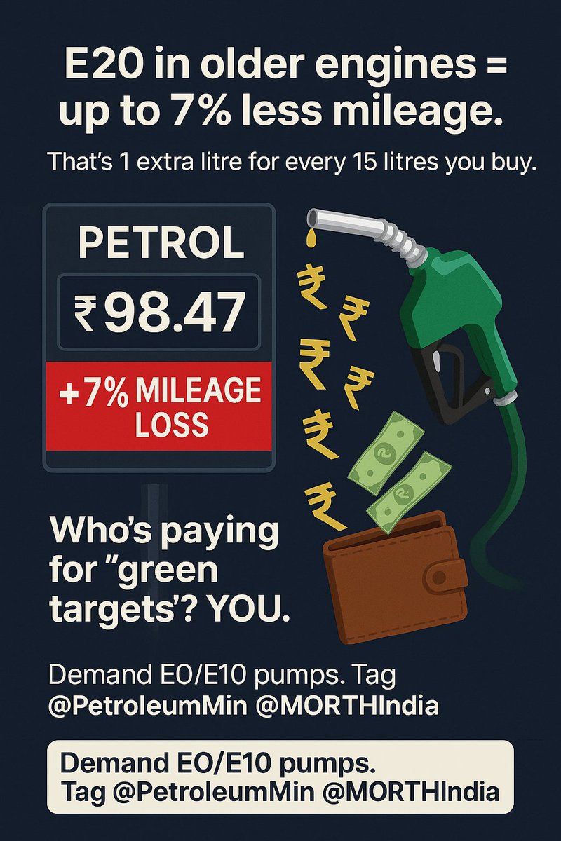 Akshay (@akshay) on Twitter photo ⛽️📉 E20 in older engines = up to 7% less mileage — that’s 1 extra litre every 15.
Who’s paying for “green targets”? You.
📢 Demand E0/E10 pumps: tag <a href="/PetroleumMin/">Ministry of Petroleum and Natural Gas #MoPNG</a> <a href="/MORTHIndia/">MORTHINDIA</a>.
#FuelTruth #StopForcedE20 ⛽️📉 E20 in older engines = up to 7% less mileage — that’s 1 extra litre every 15.
Who’s paying for “green targets”? You.
📢 Demand E0/E10 pumps: tag <a href="/PetroleumMin/">Ministry of Petroleum and Natural Gas #MoPNG</a> <a href="/MORTHIndia/">MORTHINDIA</a>.
#FuelTruth #StopForcedE20