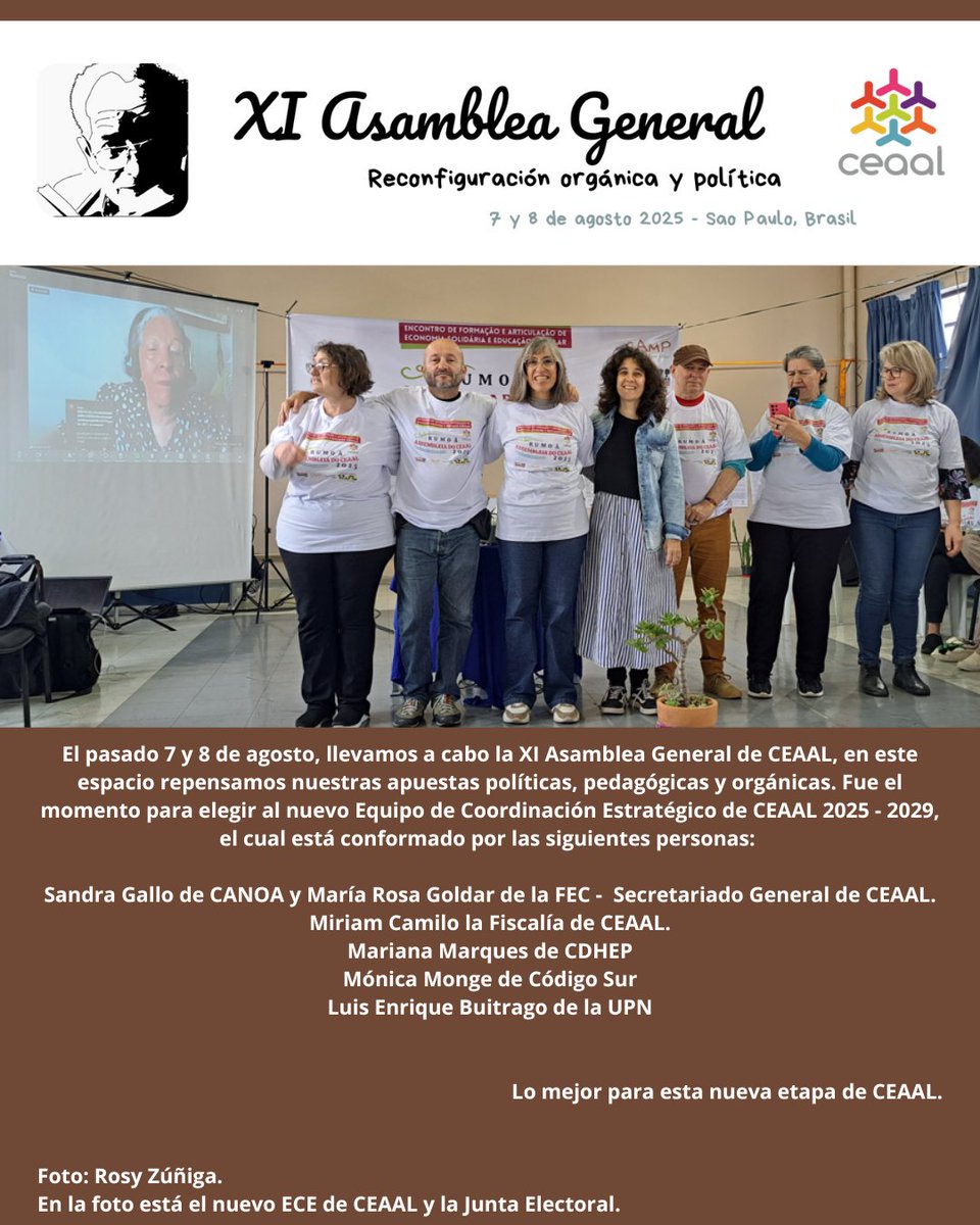 El 7 y 8 de agosto elegimos al nuevo ECE de CEAAL 2025 - 2029, está conformado por:

Sandra Gallo y María Rosa Goldar- SG de CEAAL.
Miriam Camilo la Fiscalía.
Mariana Marques
Mónica Monge
Luis Enrique Buitrago

Lo mejor para esta nueva etapa de CEAAL.

Foto: Rosy Zúñiga.