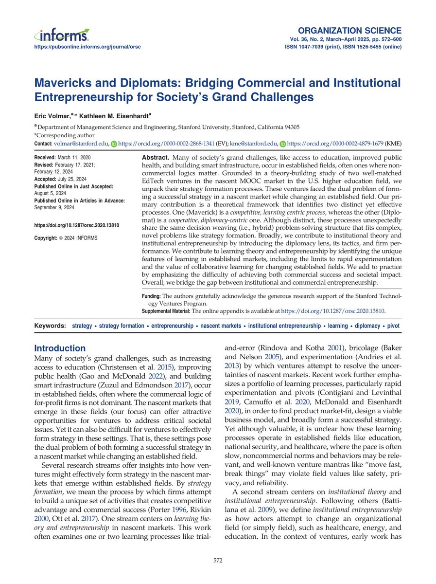 【論文紹介】破壊者か、それとも協力者か？ 教育や医療のような巨大市場を動かす、2つの成功戦略 

【研究の背景】
教育や医療のような確立された分野に新規参入する場合、「二重の問題」に直面する

1️⃣新しい市場の不確実性: 
製品、顧客、技術など、何が正解かわからない

2️⃣確立された分野の抵抗: