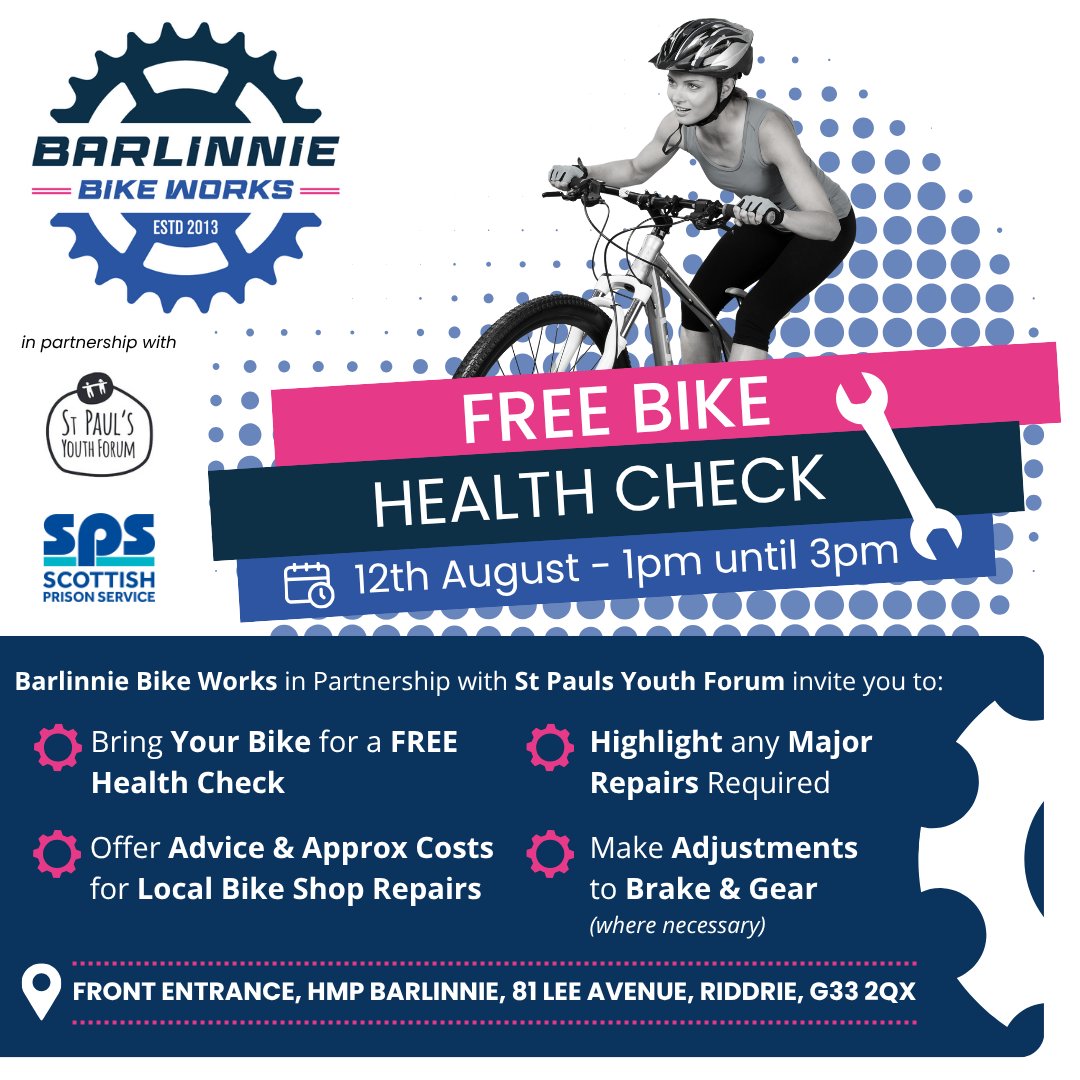FREE BIKE HEALTH CHECKS are being held tomorrow afternoon, Tuesday 12 August, outside HMP Barlinnie!

The event is being delivered by Barlinnie Bike Works in partnership with Glasgow-based youth and community organisation St Pauls Youth Forum.

Spread the word!