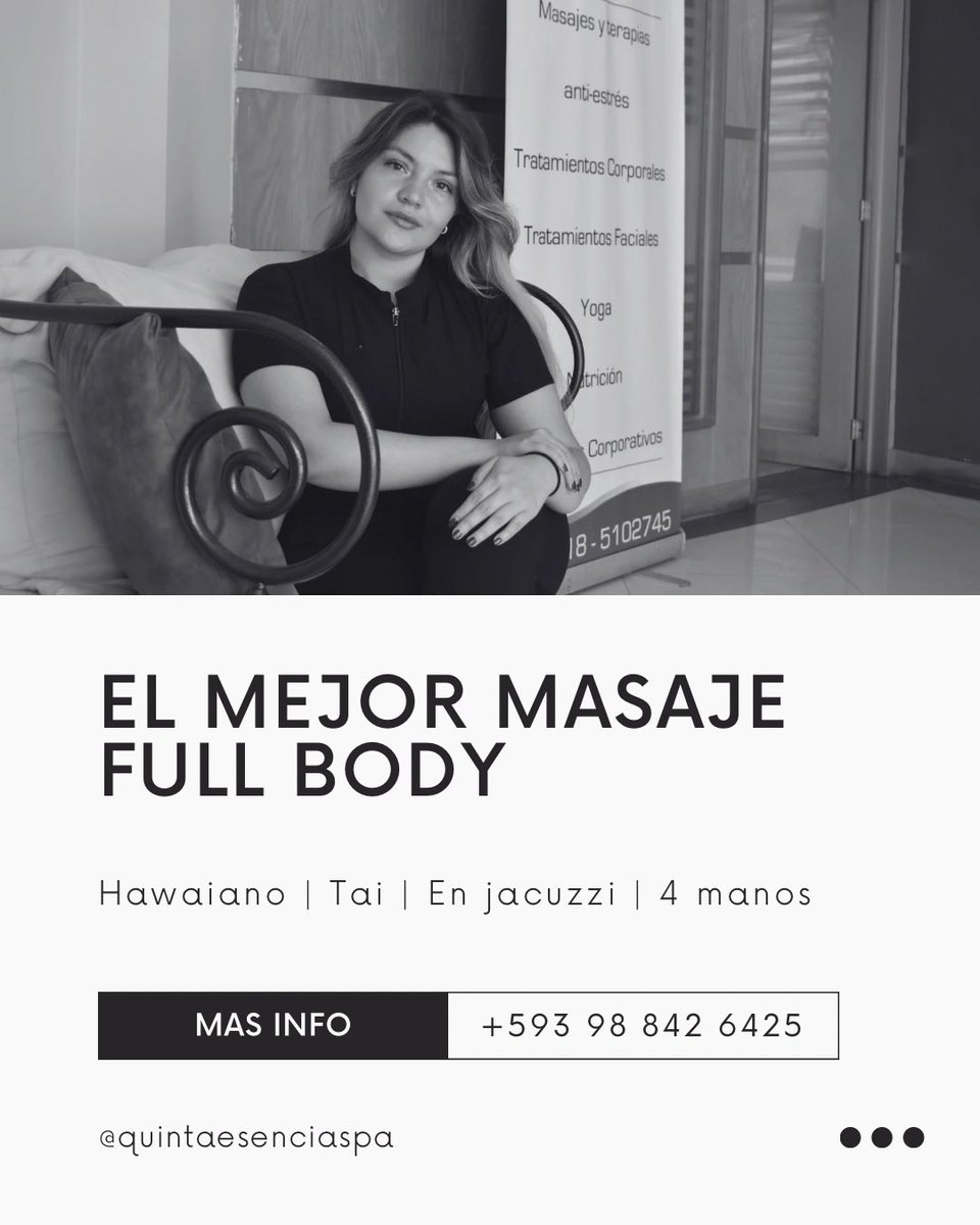 SpaQuinta's tweet photo. MASAJE FULL BODY | DÍA DE SPA 

Ven a vivir una experiencia relajante al máximo nivel, en el spa más exclusivo de Quito. 
- Masaje full relax | Piedras calientes
- Masaje Hawaiano 
- Masaje a 4 manos
- Masaje en Jacuzzi
- Masaje Tai
Información y citas al  098 842 6425 https://t.co/JNDr4Y0WWw