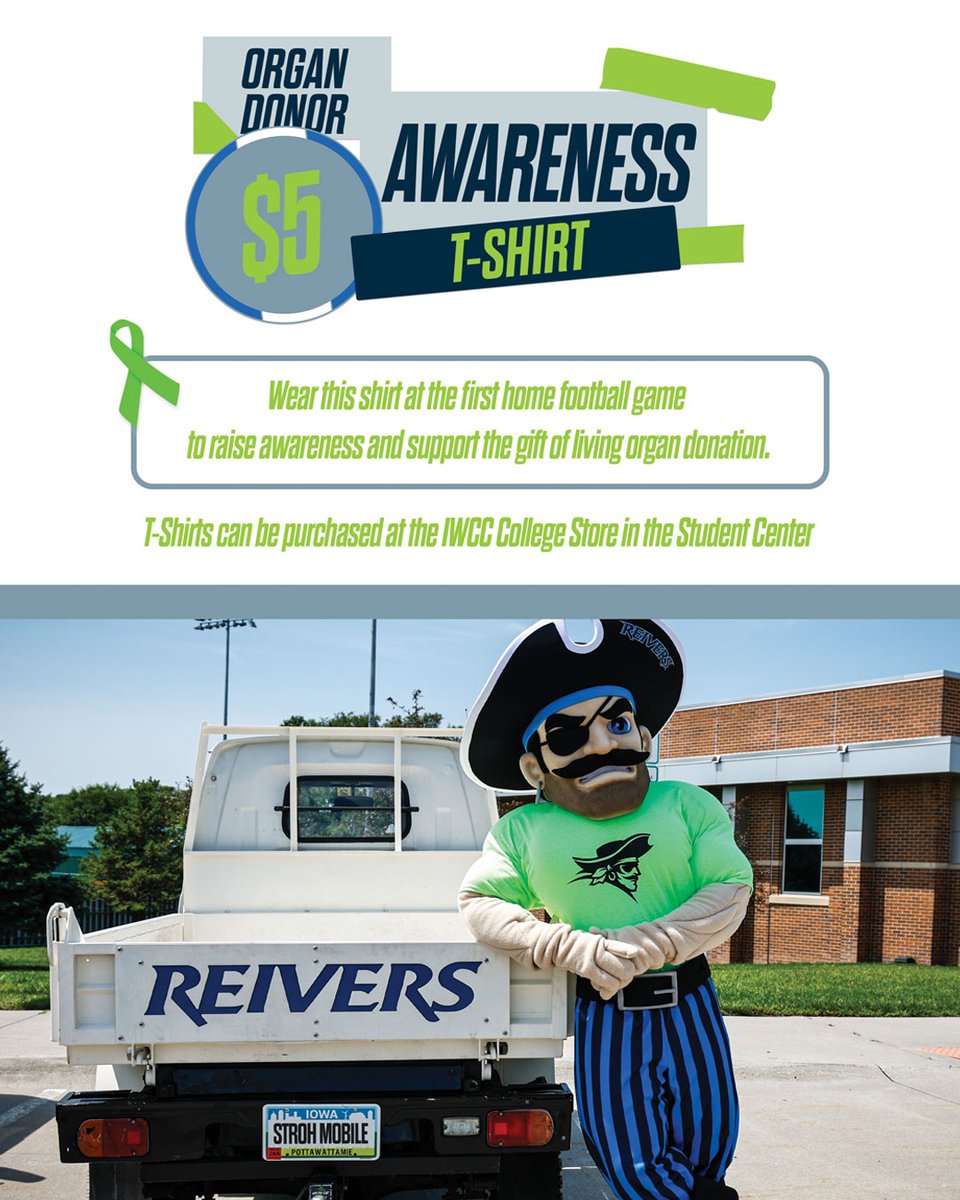 Iowa Western Reivers (@goreivers) on Twitter photo 💚🏈 One Team. One Cause. 🏈💚
We're bringing awareness to Living Organ Donation at the first home football game.
Please pick up a t-shirt at the <a href="/IWCollegeStore/">IW College Store</a> for only $5 and wear it on August 30th to show your support and spread hope!
#DonateLife | <a href="/ReiverFootball/">IWCC Reiver Football</a> 💚🏈 One Team. One Cause. 🏈💚
We're bringing awareness to Living Organ Donation at the first home football game.
Please pick up a t-shirt at the <a href="/IWCollegeStore/">IW College Store</a> for only $5 and wear it on August 30th to show your support and spread hope!
#DonateLife | <a href="/ReiverFootball/">IWCC Reiver Football</a>