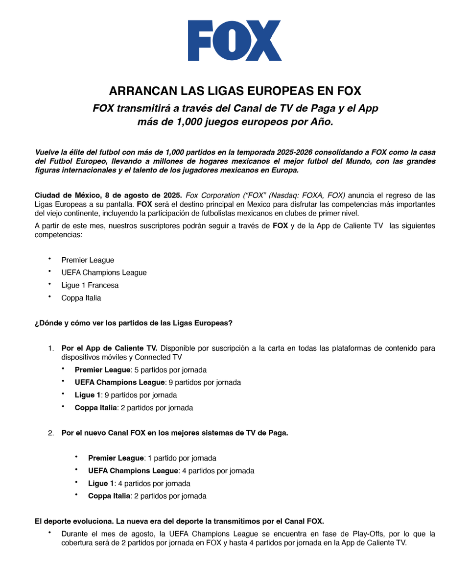 📄 COMUNICADO: Arrancan las Ligas Europeas en FOX
