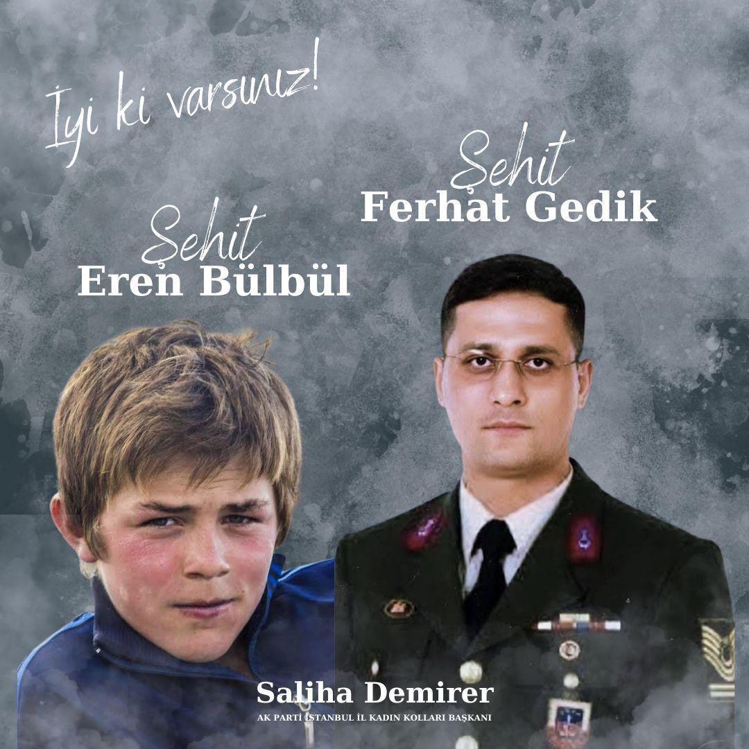 salihademirer's tweet photo. Kahraman şehidimiz Eren Bülbül’ü ve onu korumak için canını ortaya koyan Jandarma Astsubay Kıdemli Başçavuş Ferhat Gedik’i rahmet ve minnetle anıyoruz.

“İyi ki varsın Eren” dediğimiz o günden beri, vatanına, milletine sevdalı yiğitlerin izinden yürümeye devam ediyoruz.
Ruhları şad, makamları âli olsun. 🇹🇷